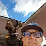Glasses, Cloud, Sky, Dog, Carnivore, Vision Care, Hat, Working Animal, Fawn, Eyewear, Cap, Travel, Dog breed, Companion dog, Dog Collar, Liver, Baseball Cap, Personal Protective Equipment, Selfie, Wrinkle