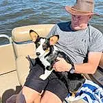 Water, Dog, Leg, Dog breed, Carnivore, Hat, Fedora, Companion dog, Fawn, Lake, Leisure, Thigh, Lap, Sun Hat, Summer, Recreation, Comfort, Travel