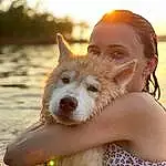 Water, Dog, Sky, Light, Dog breed, Carnivore, People In Nature, People On Beach, Happy, Sunlight, Gesture, Companion dog, Fawn, Summer, Leisure, Lake, Snout, Sand, Fun, Blond